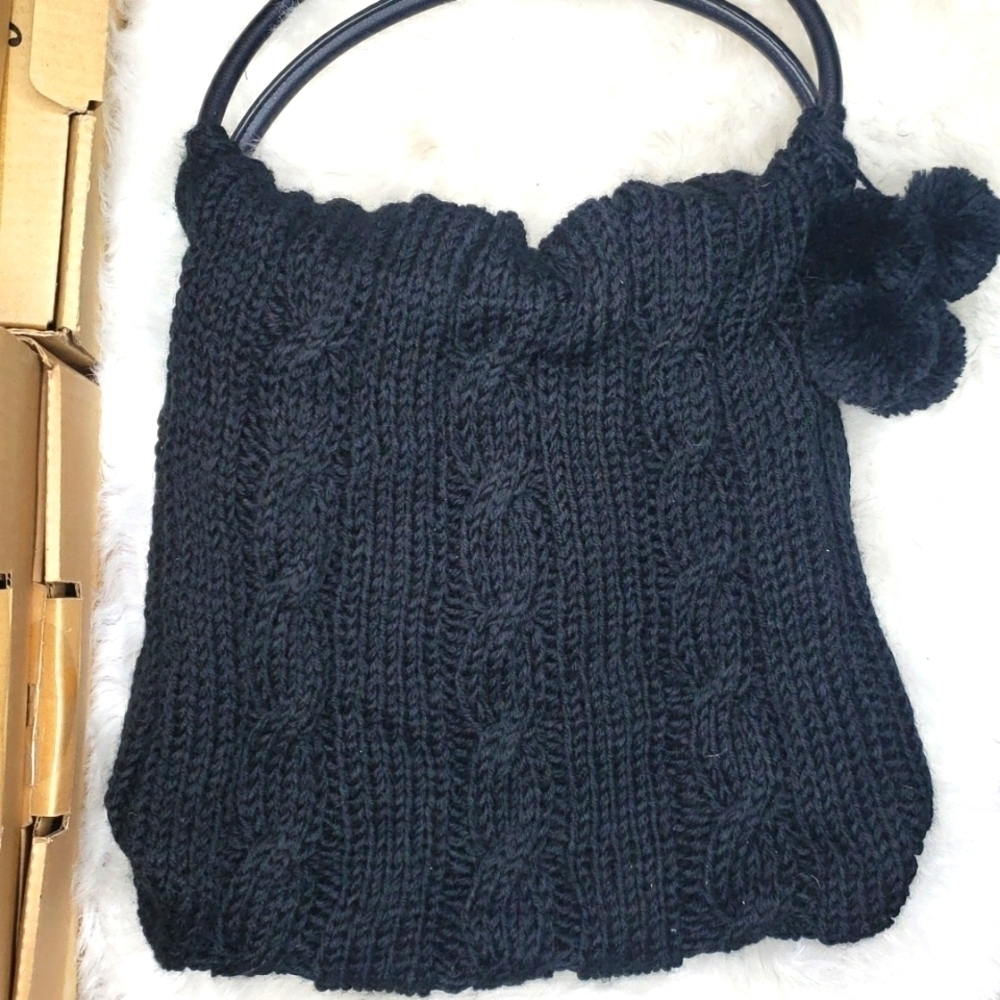 Vintage Sweater cable knit bag purse black pom pom